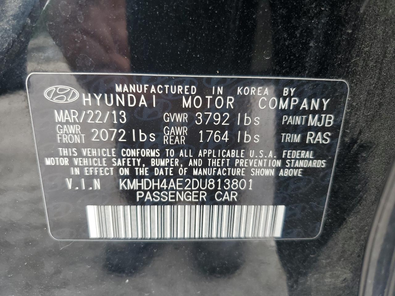 2013 Hyundai Elantra Gls VIN: KMHDH4AE2DU813801 Lot: 61688905