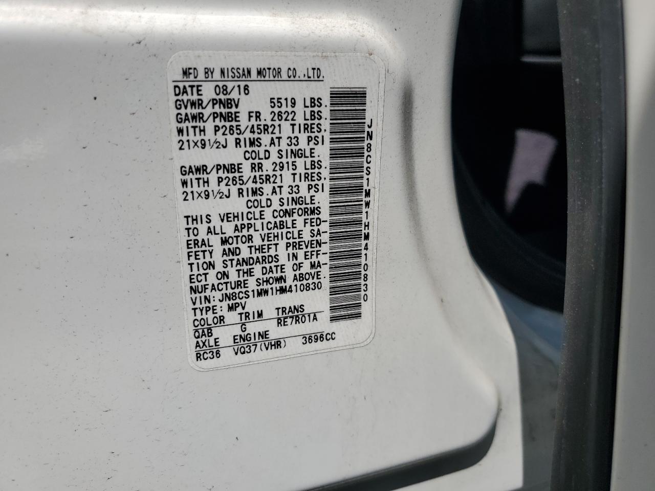 2017 Infiniti Qx70 VIN: JN8CS1MW1HM410830 Lot: 61555465