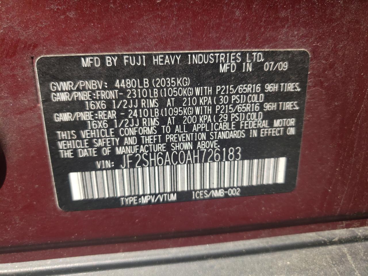 2010 Subaru Forester 2.5X VIN: JF2SH6AC0AH726183 Lot: 61845525