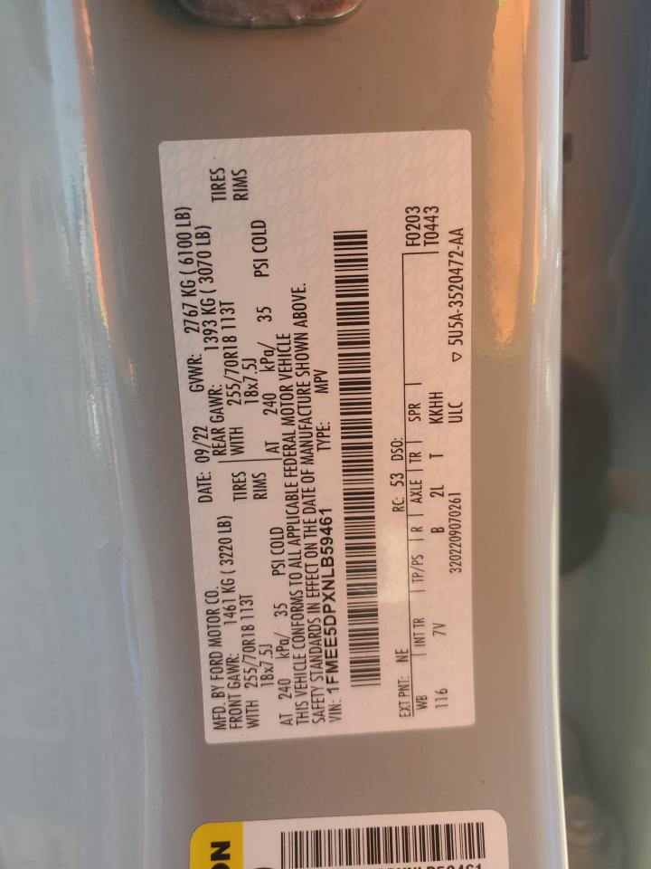 2022 Ford Bronco Base VIN: 1FMEE5DPXNLB59461 Lot: 60101765