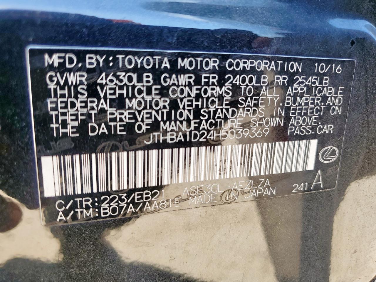2017 Lexus Is 200T VIN: JTHBA1D24H5039369 Lot: 62643755