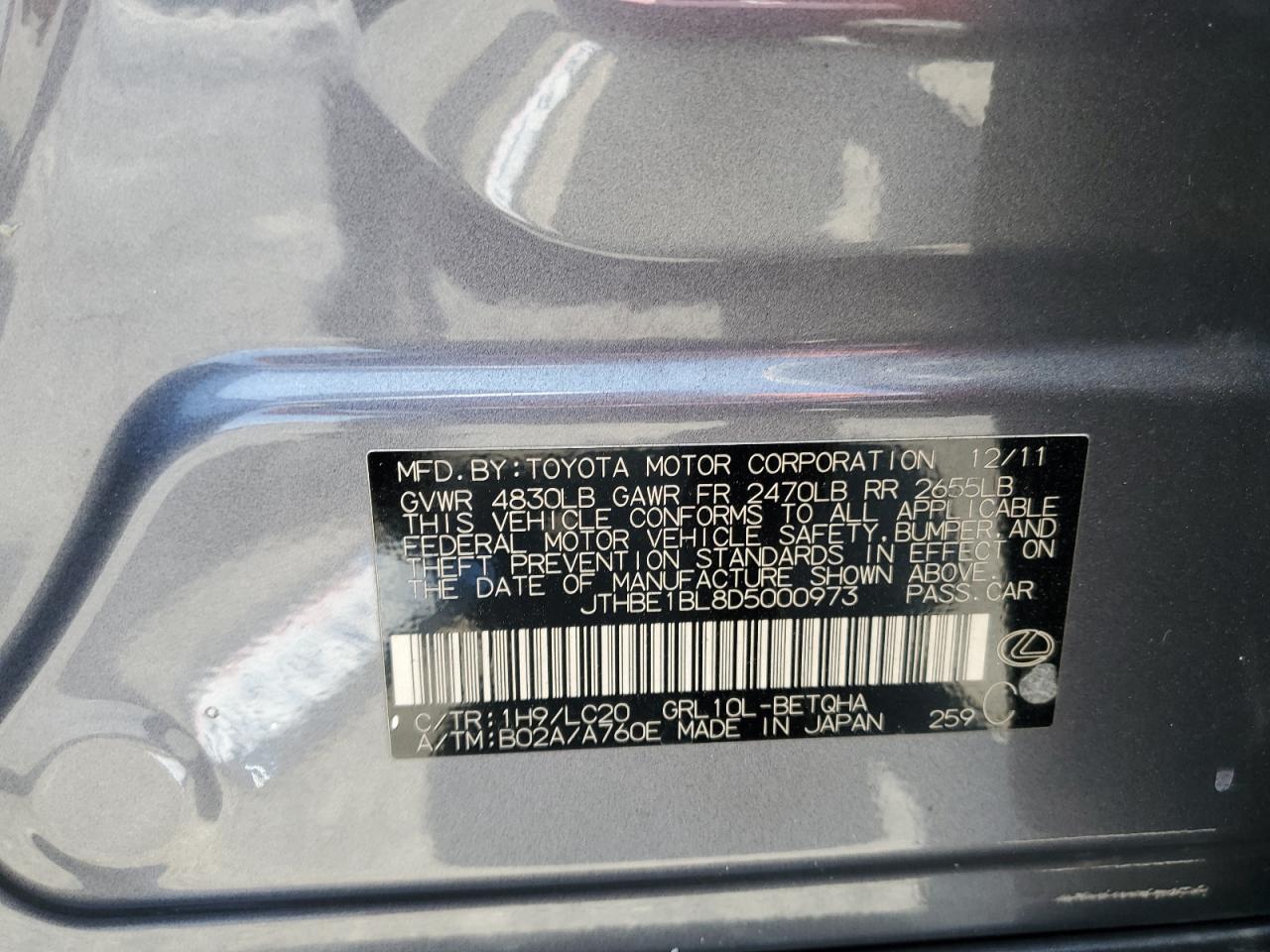 2013 Lexus Gs 350 VIN: JTHBE1BL8D5000973 Lot: 62224855
