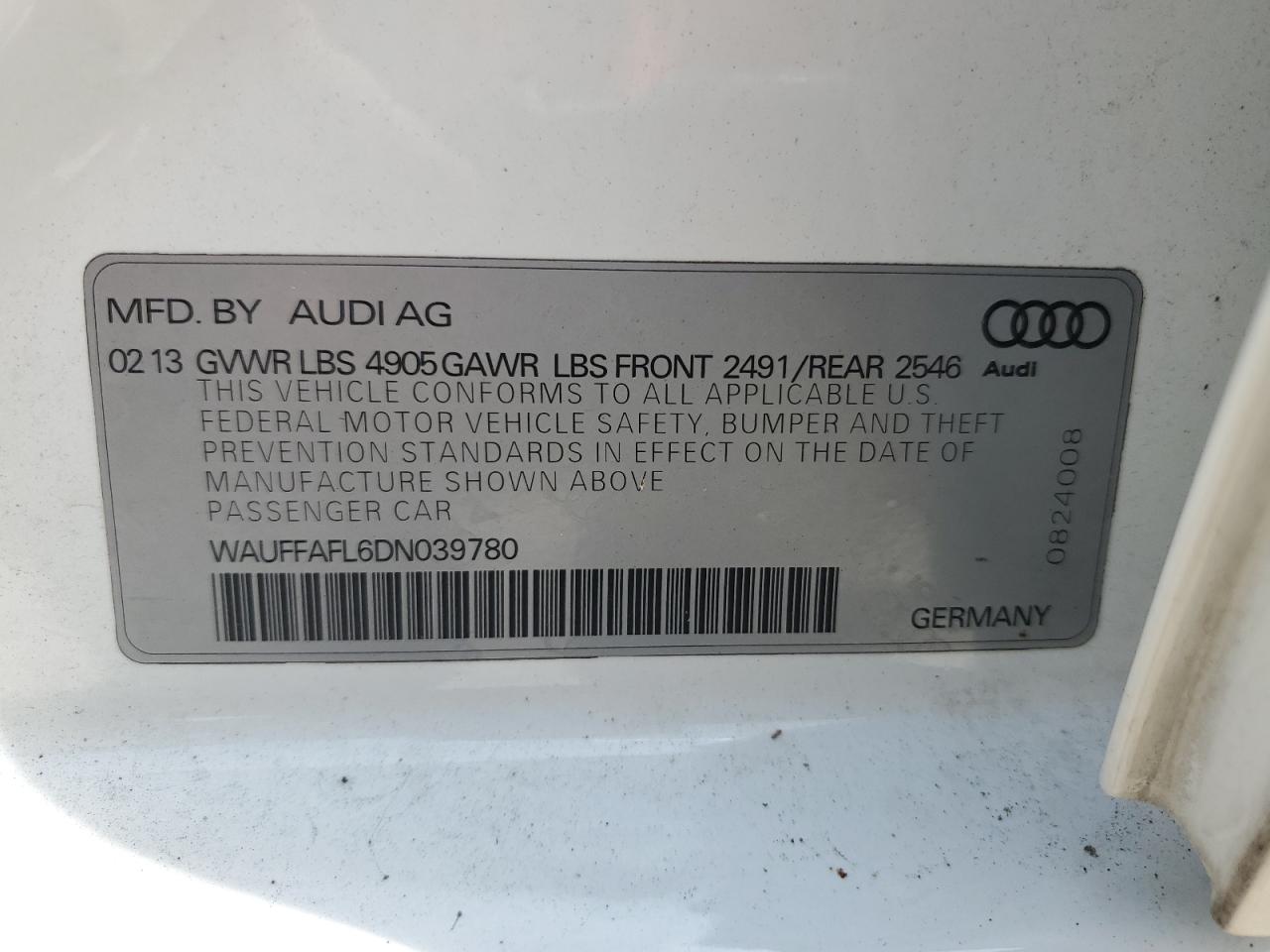 2013 Audi A4 Premium Plus VIN: WAUFFAFL6DN039780 Lot: 61222615