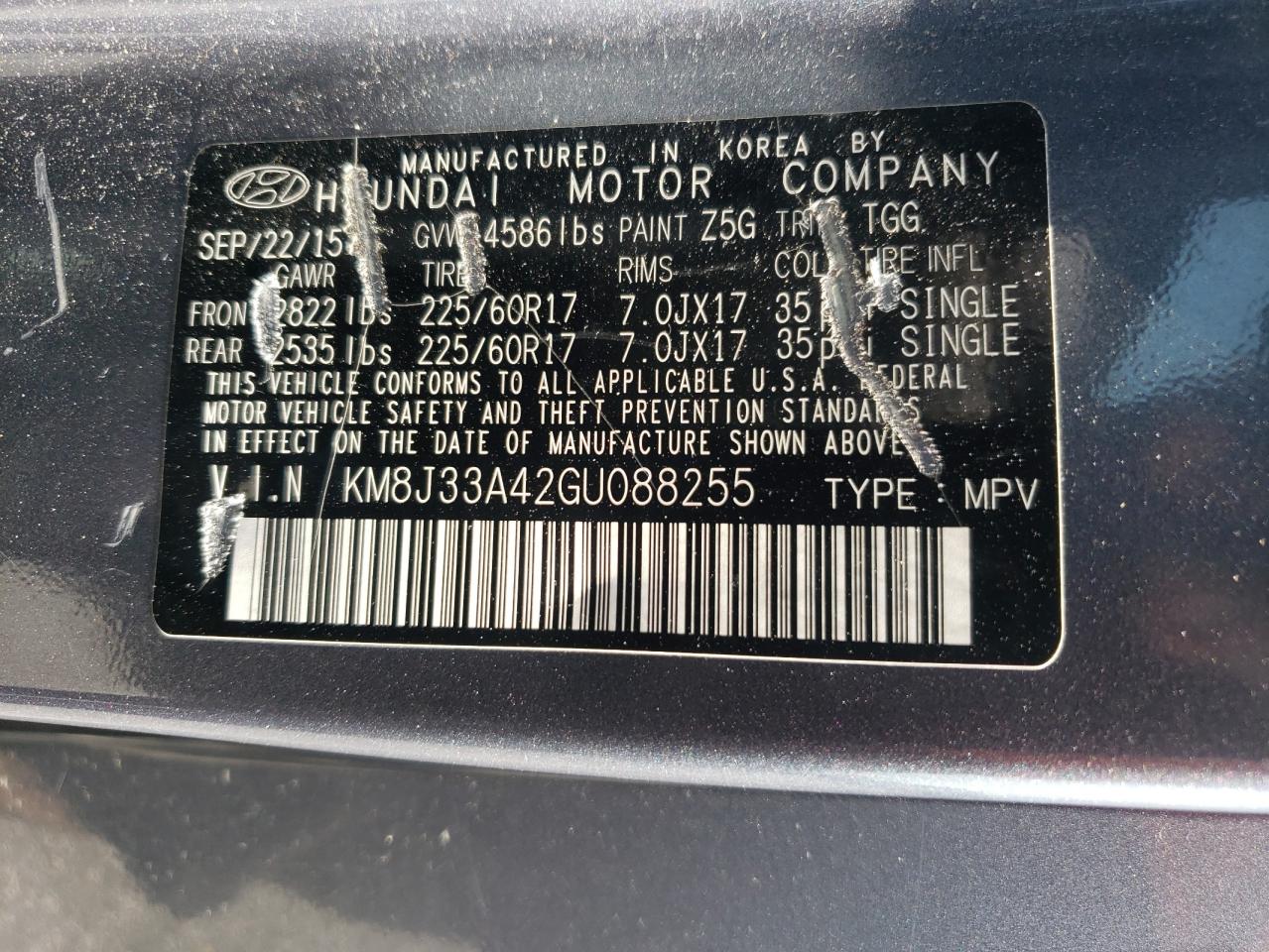 2016 Hyundai Tucson Limited VIN: KM8J33A42GU088255 Lot: 62346025