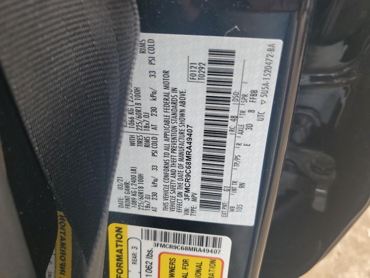 2021 Ford Bronco Sport Outer Banks VIN: 3FMCR9C68MRA49407 Lot: 62466735