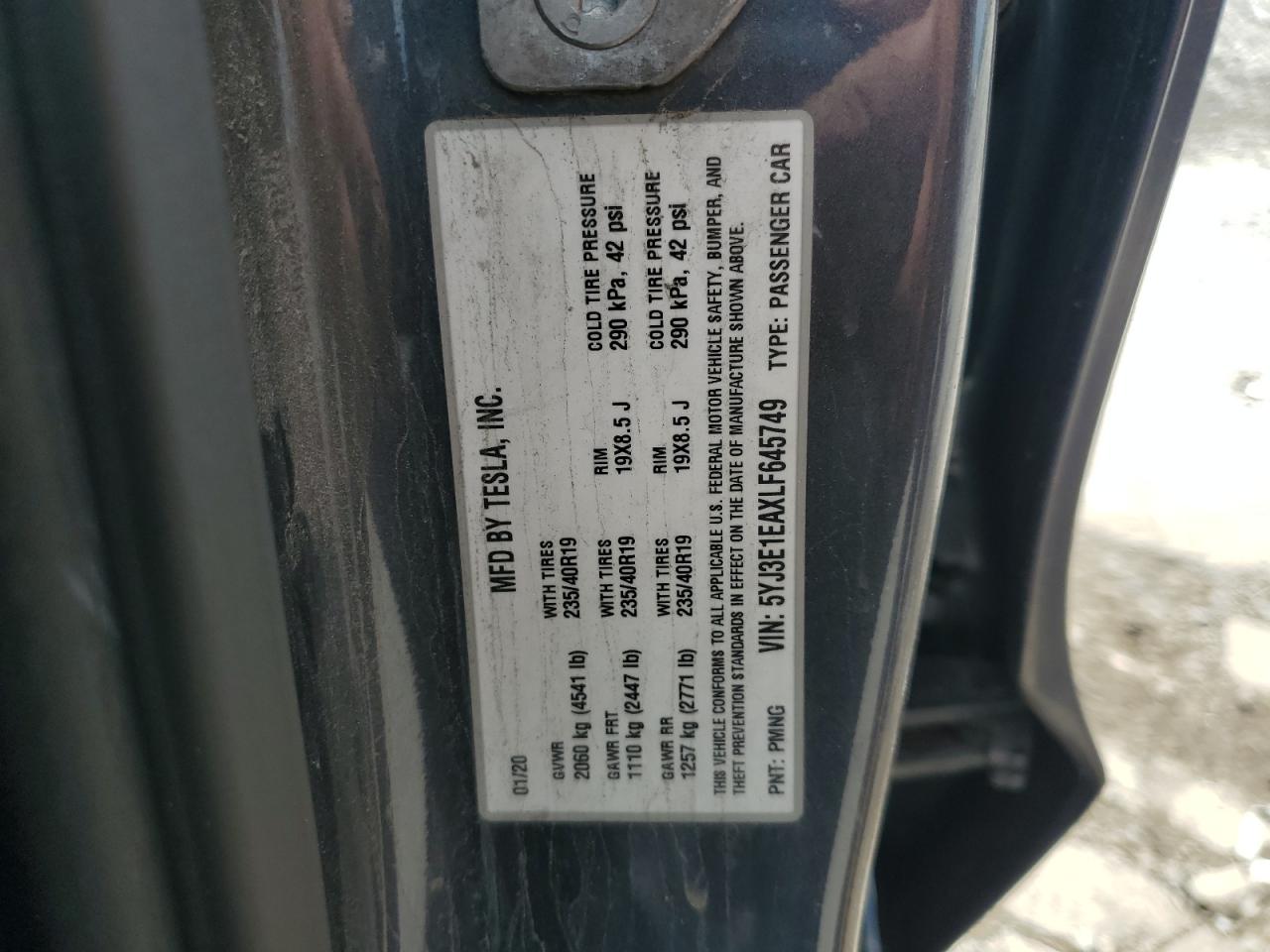 2020 Tesla Model 3 VIN: 5YJ3E1EAXLF645749 Lot: 62715815