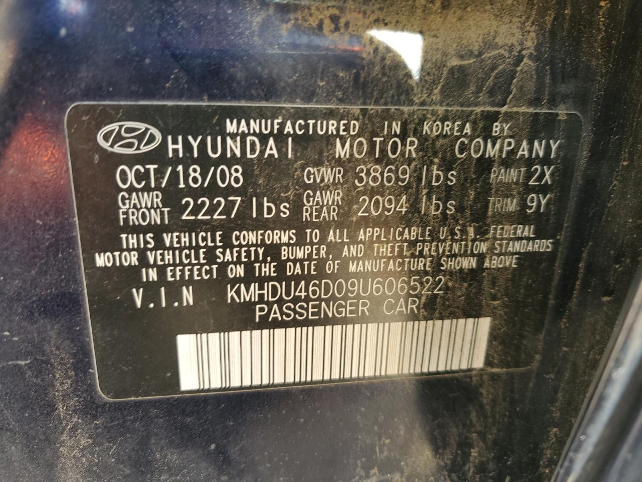 HYUNDAI ELANTRA 2009 VIN KMHDU46D09U606522 zdjęcie 12