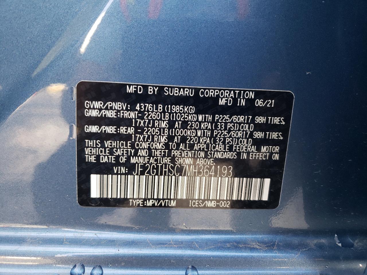 2021 Subaru Crosstrek Sport VIN: JF2GTHSC7MH364193 Lot: 62720225