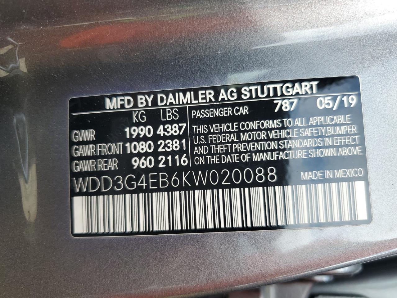 2019 Mercedes-Benz A 220 VIN: WDD3G4EB6KW020088 Lot: 59693845