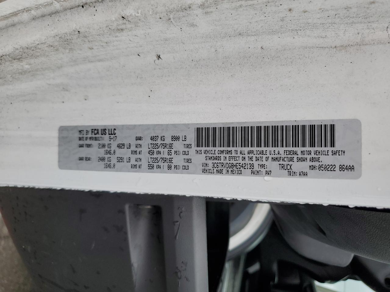 2017 Ram Promaster 2500 2500 High VIN: 3C6TRVDG8HE542139 Lot: 61038015
