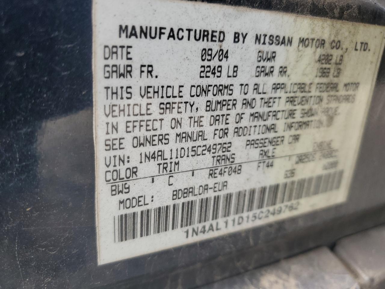 2005 Nissan Altima S VIN: 1N4AL11D15C249762 Lot: 60807575