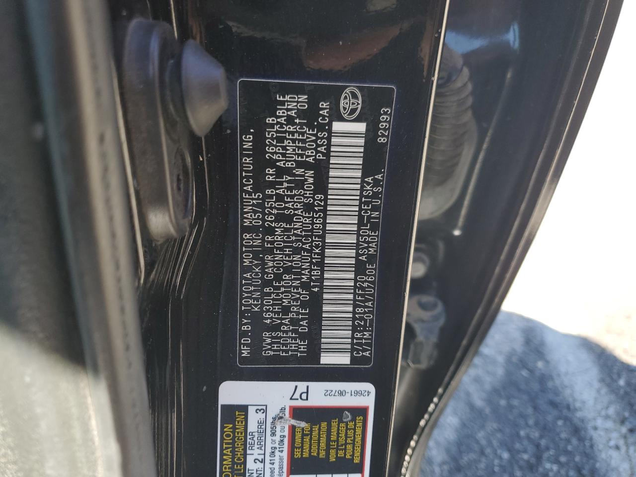 2015 Toyota Camry Le VIN: 4T1BF1FK3FU965129 Lot: 62699755