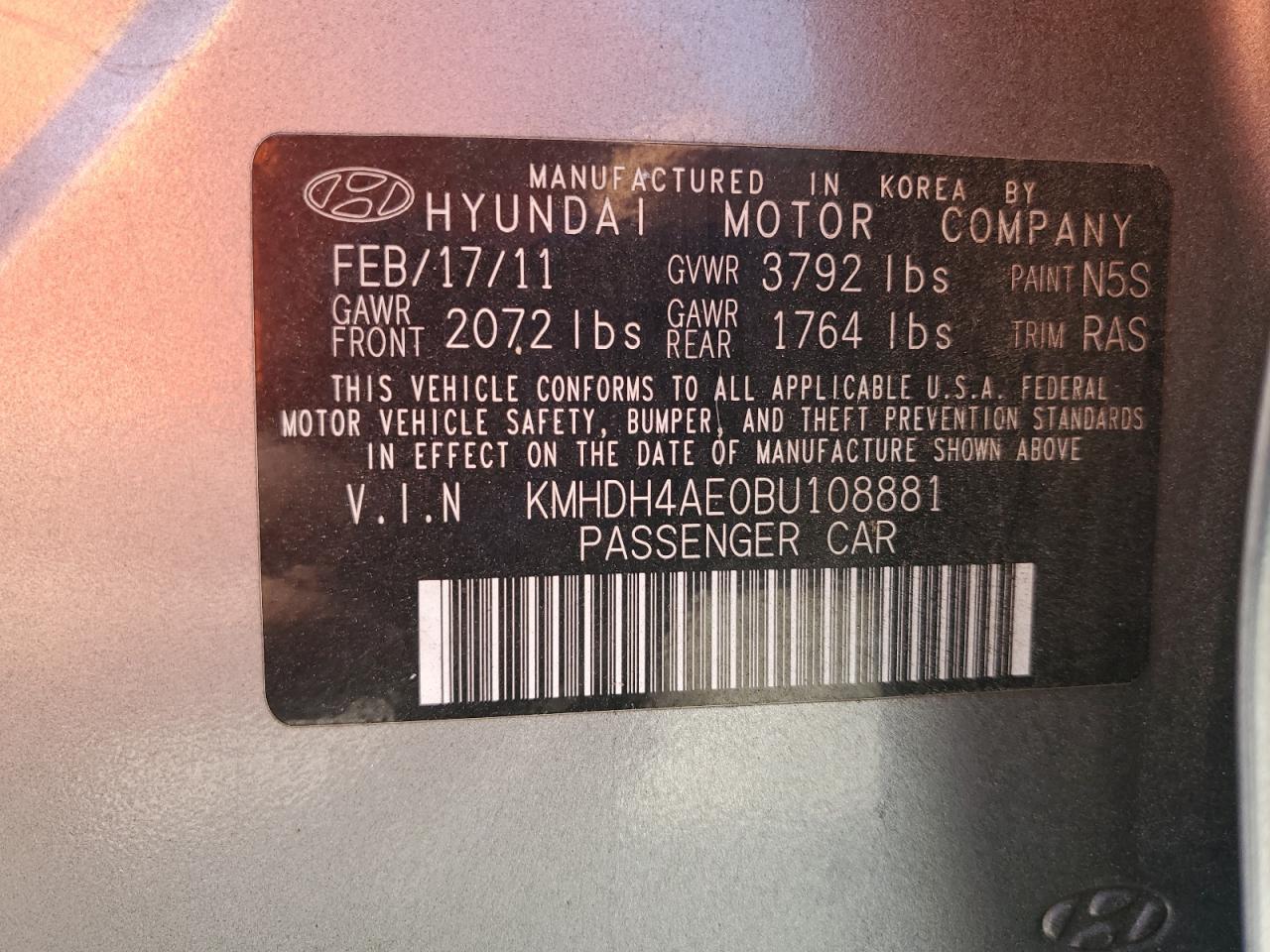 HYUNDAI ELANTRA 2011 VIN KMHDH4AE0BU108881 zdjęcie 12