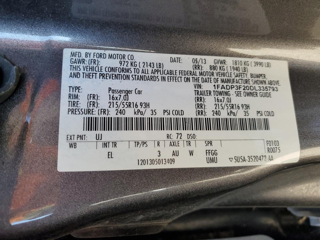 2013 Ford Focus Se VIN: 1FADP3F20DL335793 Lot: 63026645