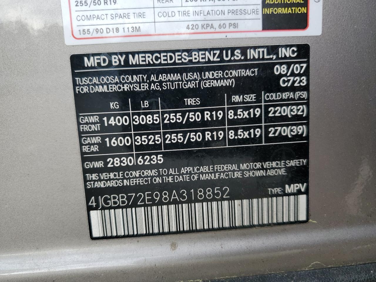 2008 Mercedes-Benz Ml 550 VIN: 4JGBB72E98A318852 Lot: 62347785