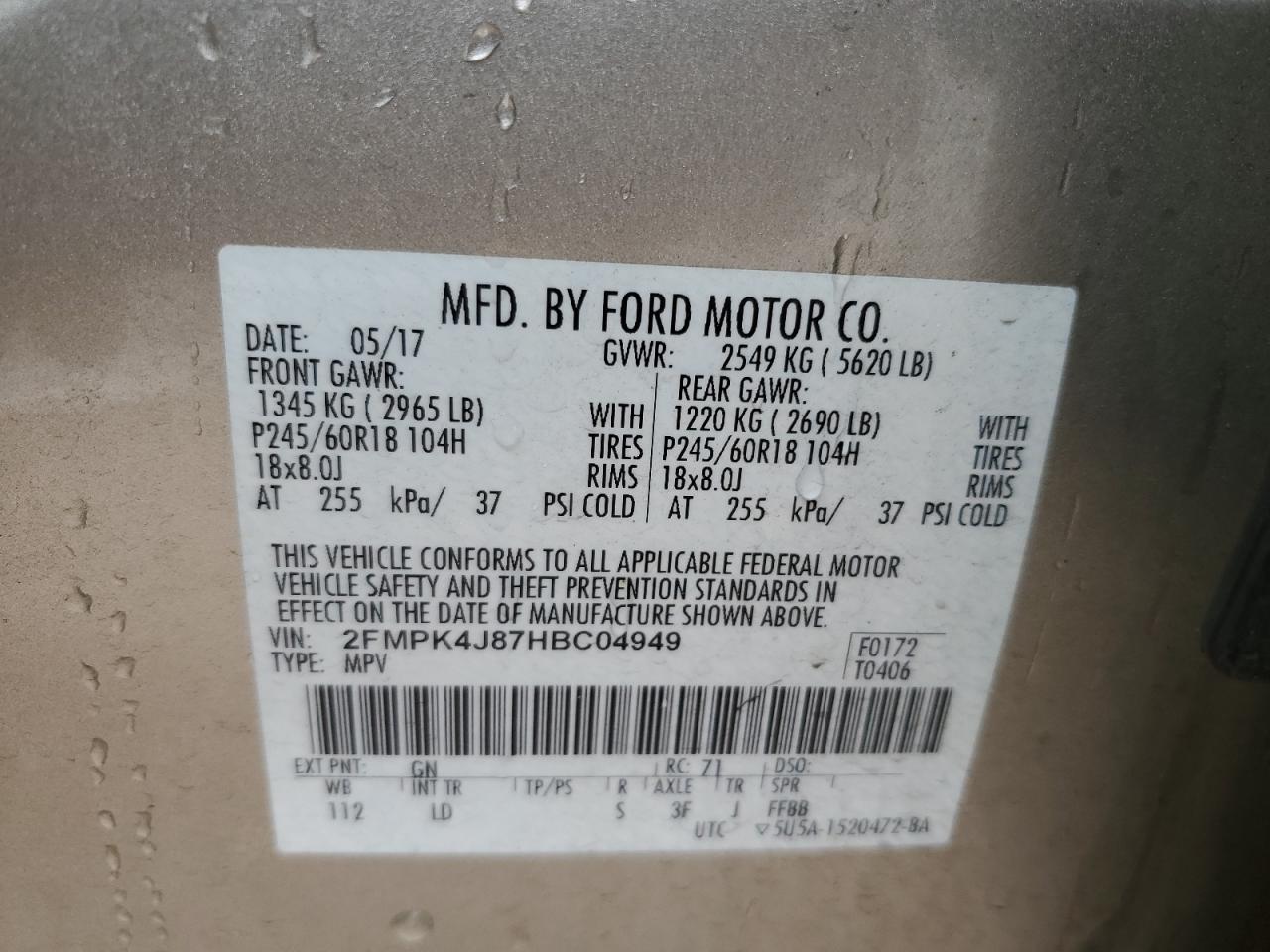 2017 Ford Edge Sel VIN: 2FMPK4J87HBC04949 Lot: 62100885
