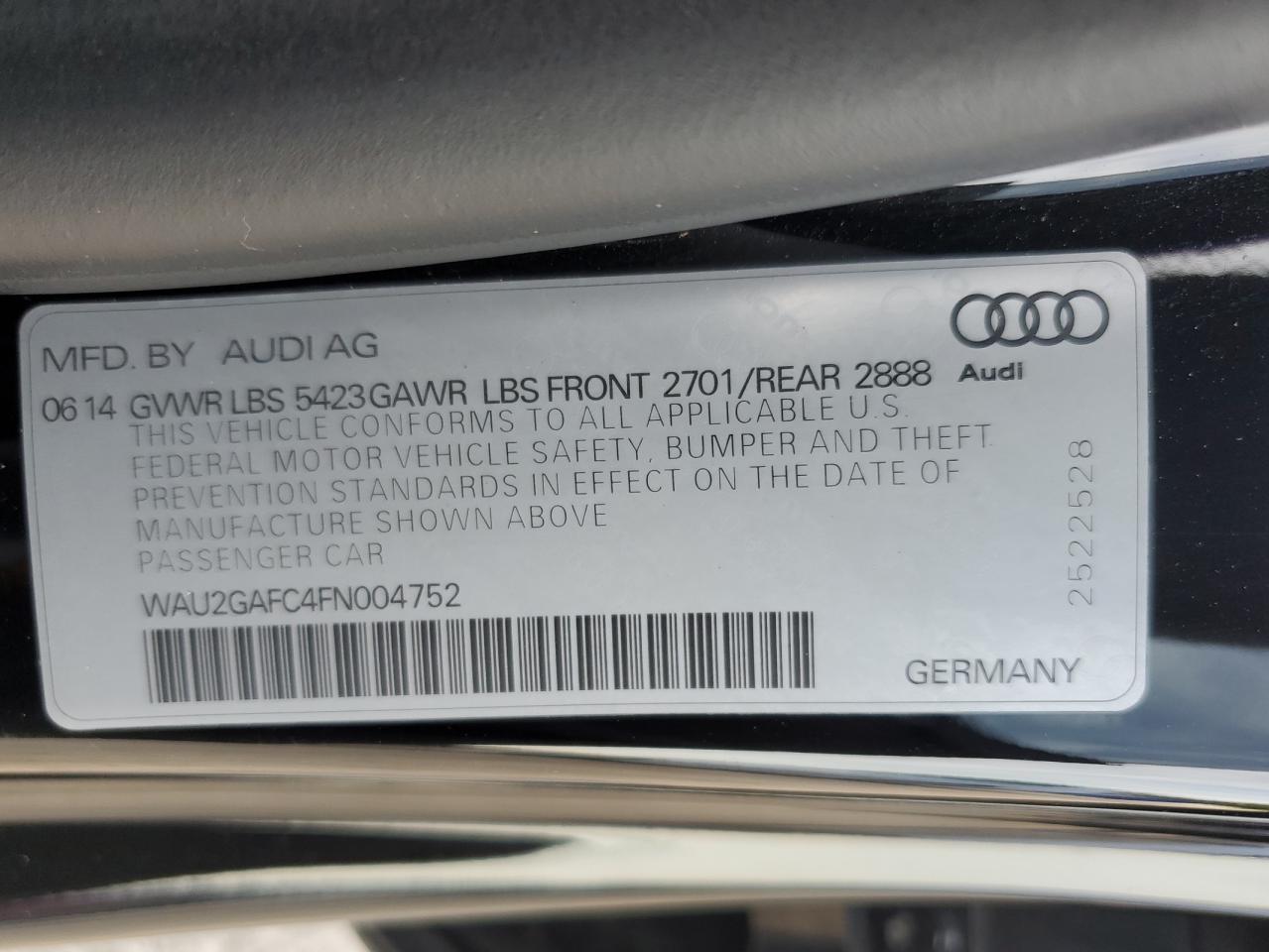 2015 Audi A7 Prestige VIN: WAU2GAFC4FN004752 Lot: 59926045