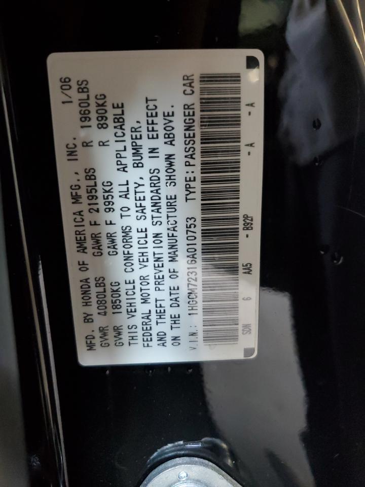 2006 Honda Accord Lx VIN: 1HGCM72316A010753 Lot: 62871535