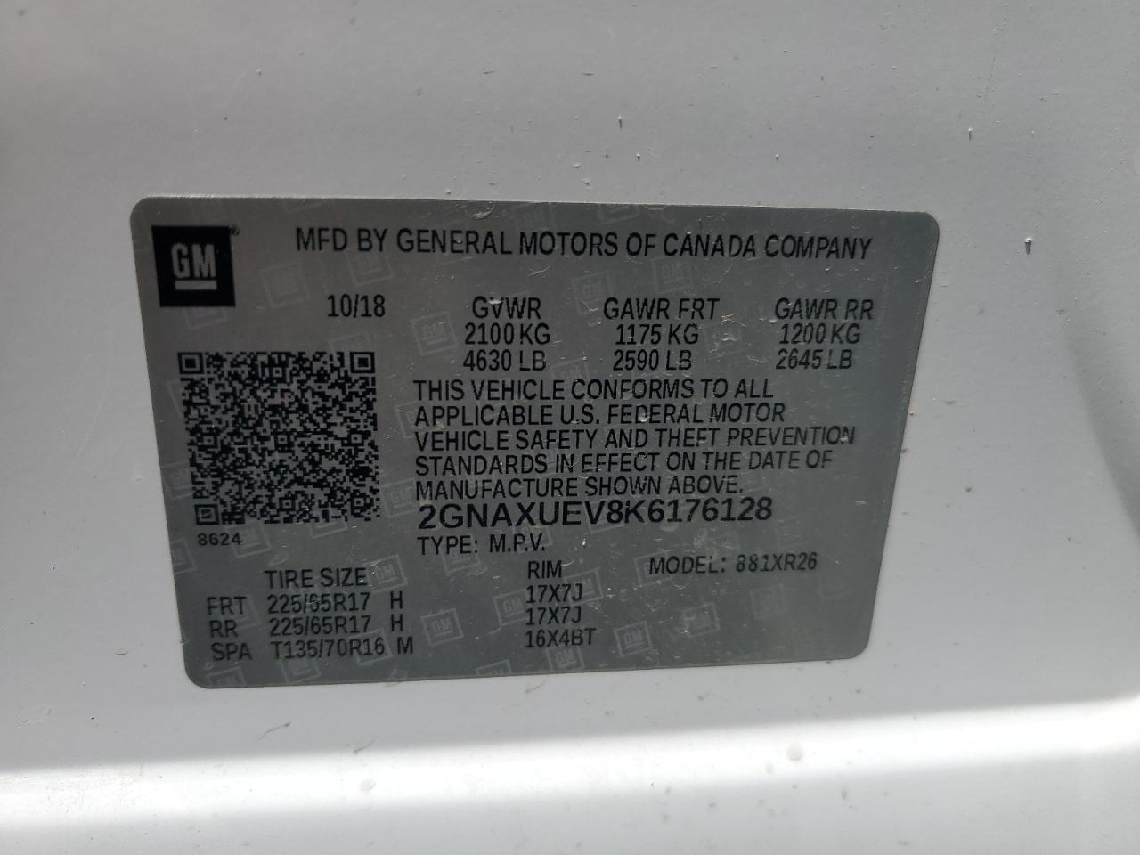 2019 Chevrolet Equinox Lt VIN: 2GNAXUEV8K6176128 Lot: 62952045