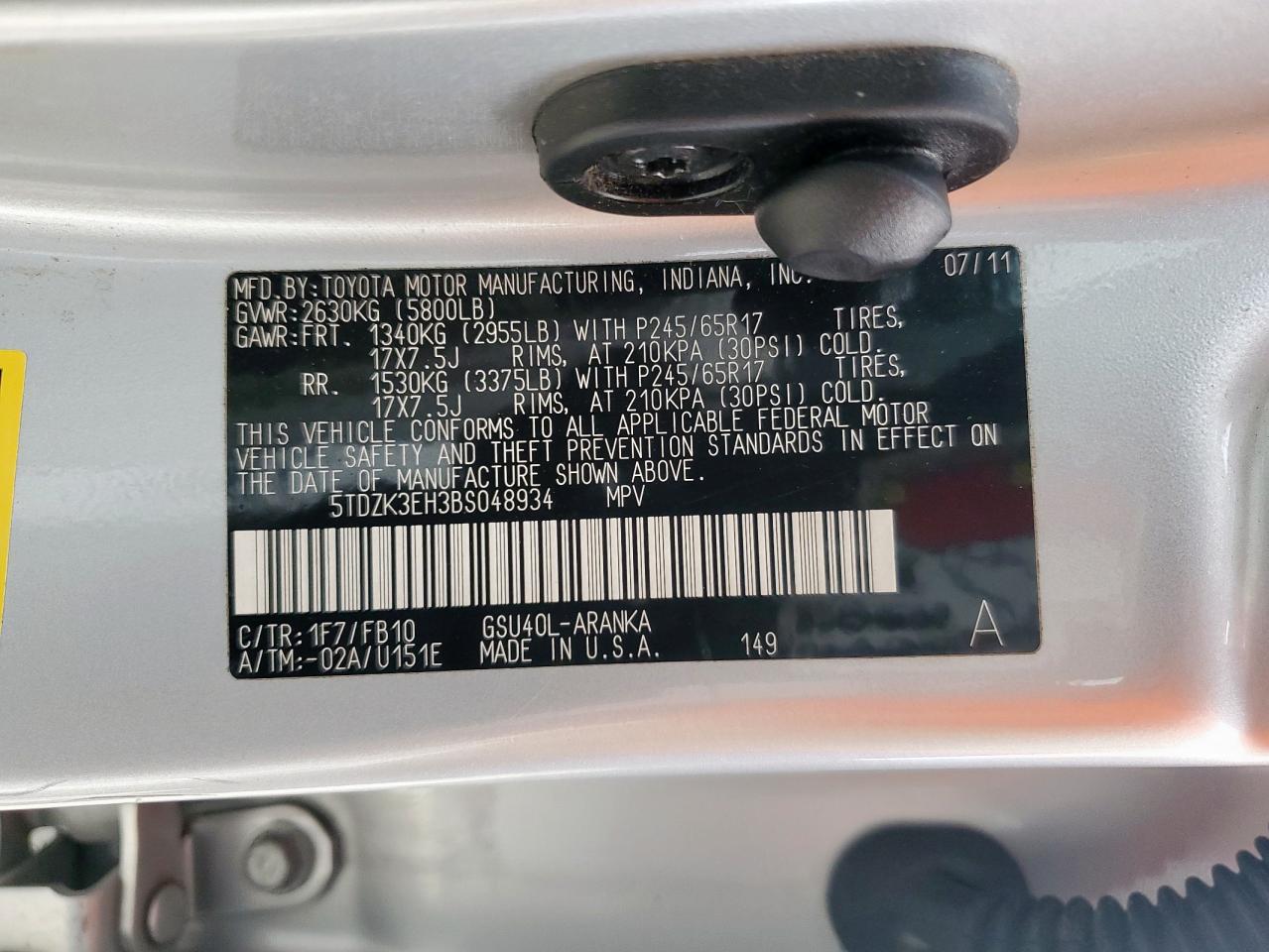 2011 Toyota Highlander Base VIN: 5TDZK3EH3BS048934 Lot: 62937575