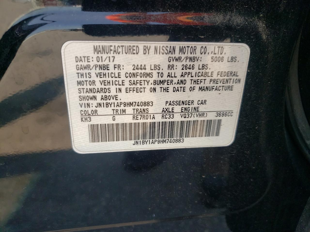 2017 Infiniti Q70 3.7 VIN: JN1BY1AP9HM740883 Lot: 62237655