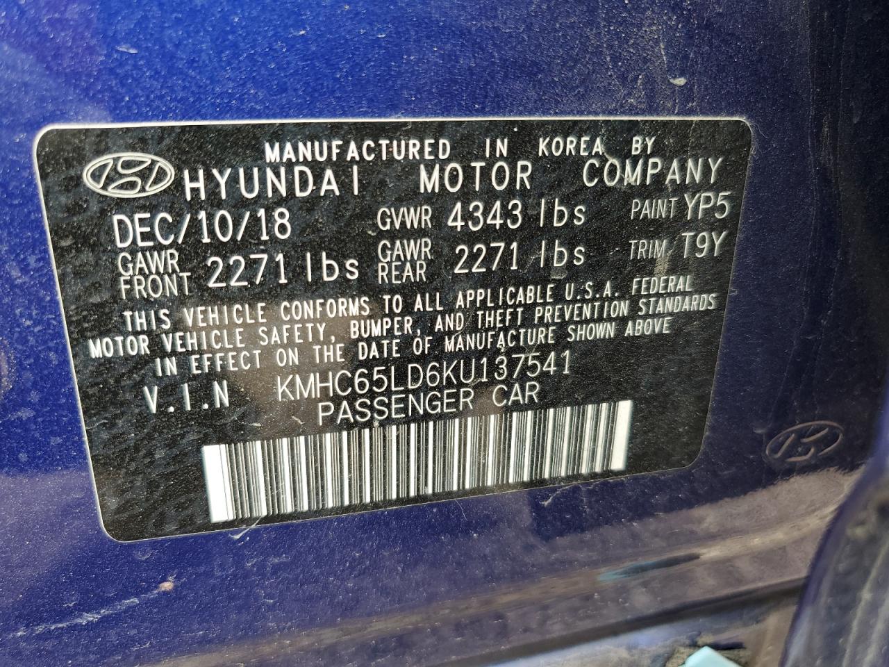 2019 Hyundai Ioniq VIN: KMHC65LD6KU137541 Lot: 62223965