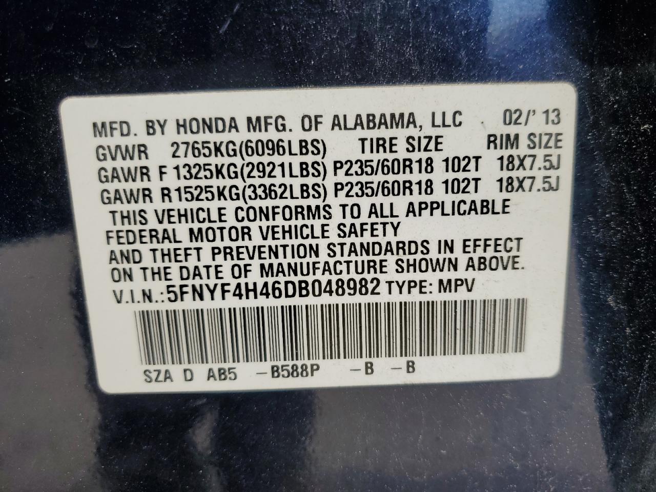 2013 Honda Pilot Ex VIN: 5FNYF4H46DB048982 Lot: 62122095
