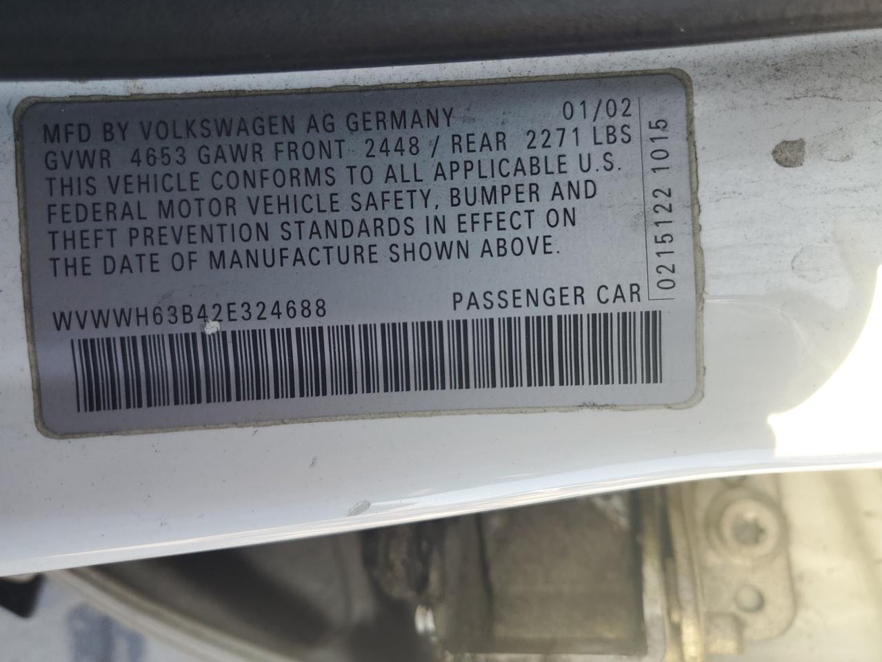 2002 Volkswagen Passat Glx VIN: WVWWH63B42E324688 Lot: 62146345