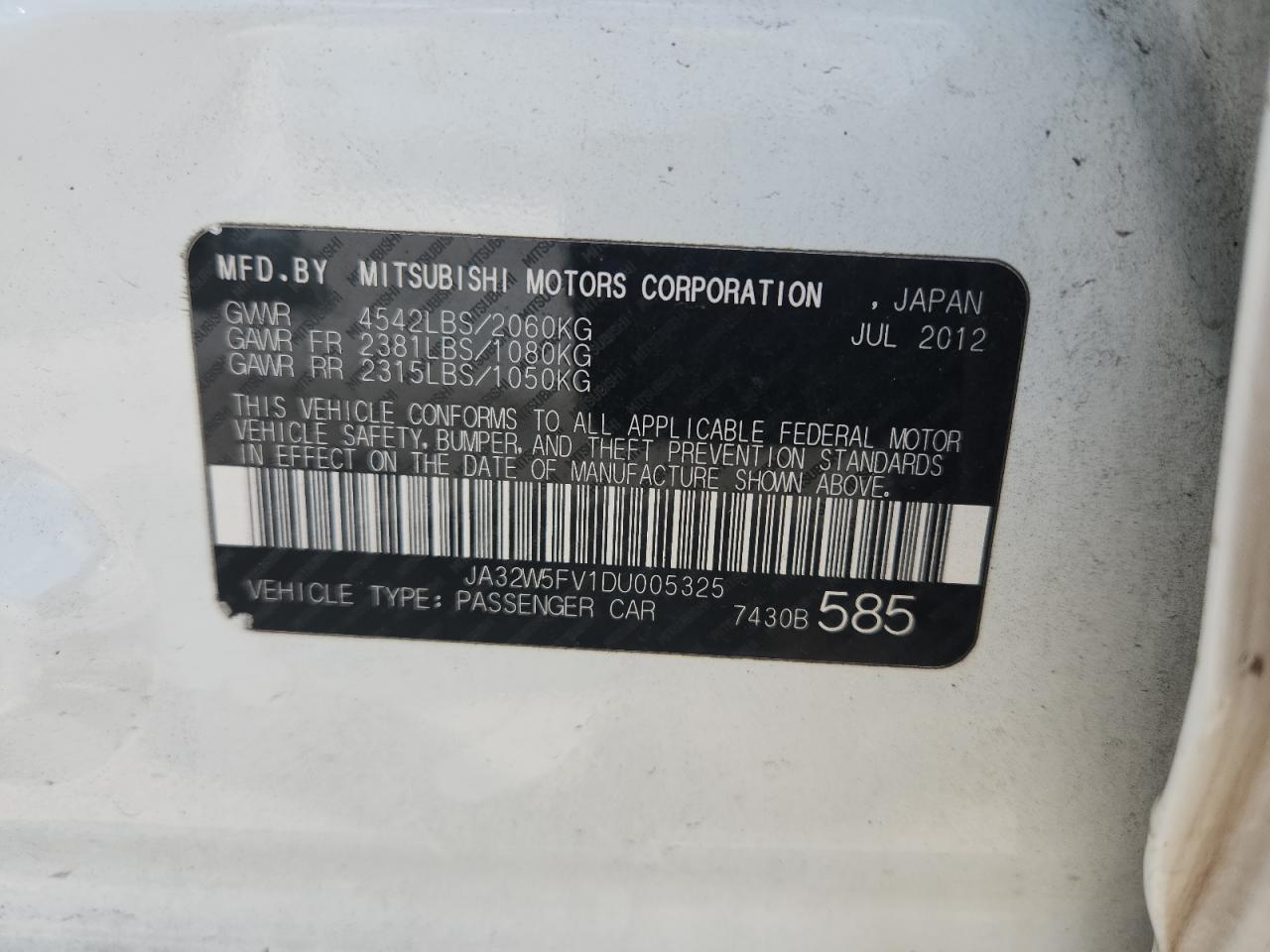 2013 Mitsubishi Lancer Evolution Mr VIN: JA32W5FV1DU005325 Lot: 61864435