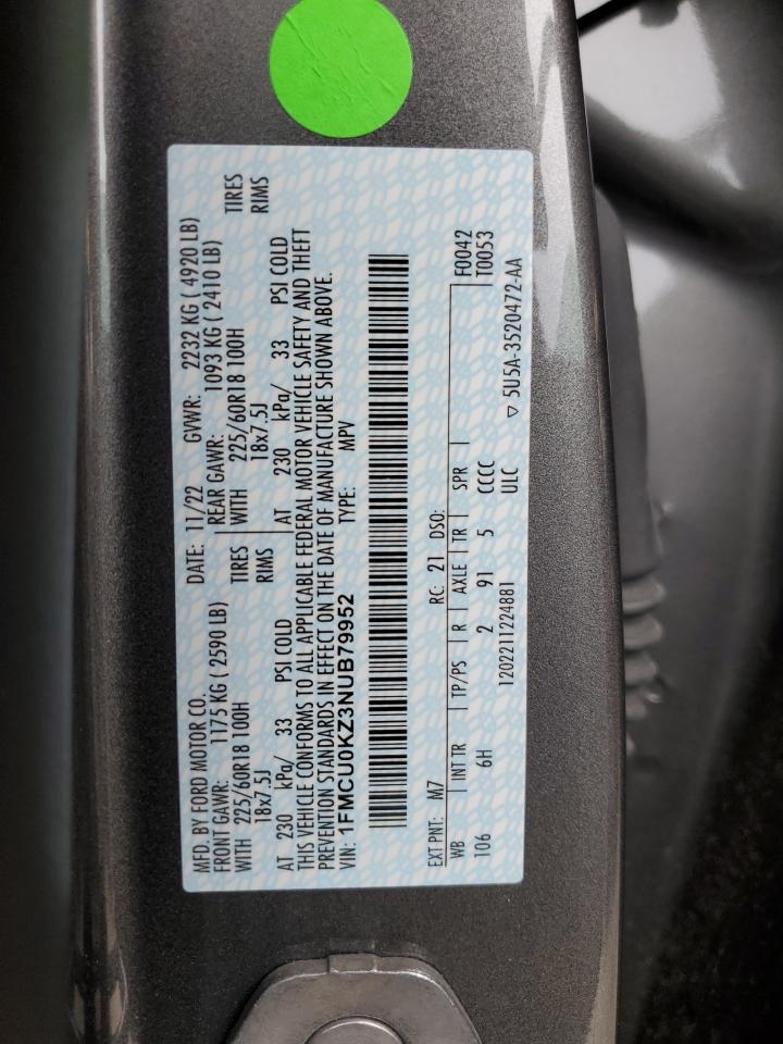 2022 Ford Escape Sel VIN: 1FMCU0KZ3NUB79952 Lot: 62342435