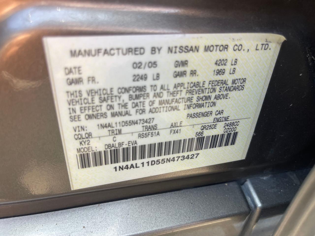 NISSAN ALTIMA 2005 VIN 1N4AL11D55N473427 фото 10