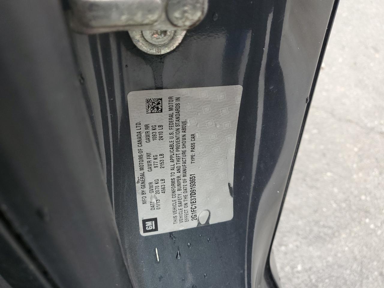 2013 Chevrolet Camaro Lt VIN: 2G1FC1E37D9193651 Lot: 59868215