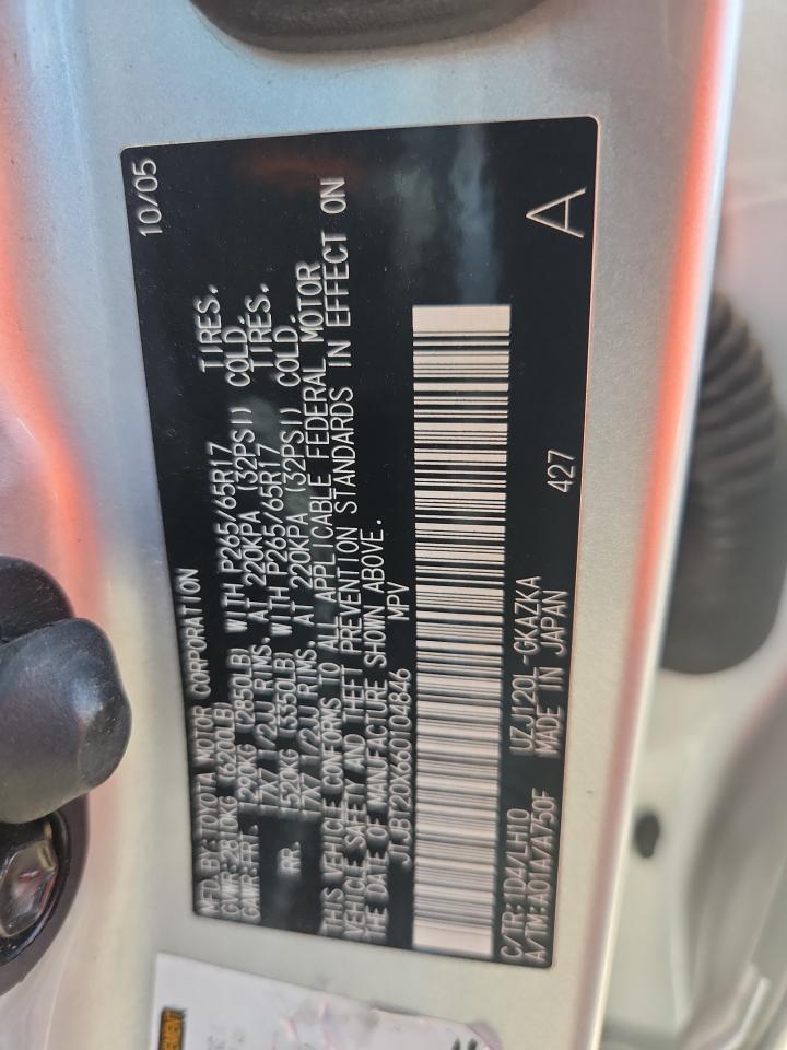 2006 Lexus Gx 470 VIN: JTJBT20X660104846 Lot: 62694955