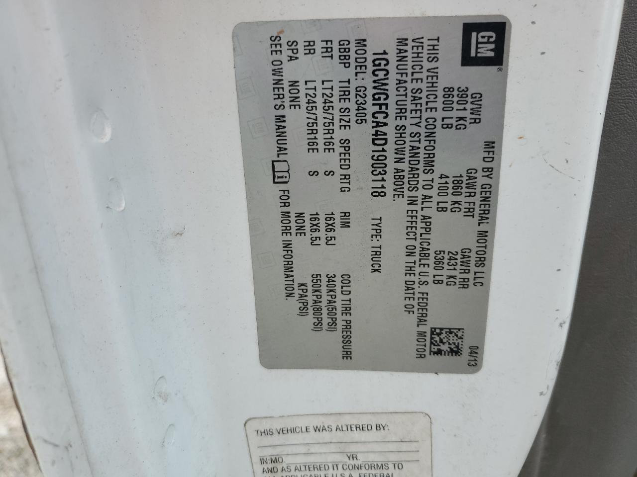 2013 Chevrolet Express G2500 VIN: 1GCWGFCA4D1903118 Lot: 61048935