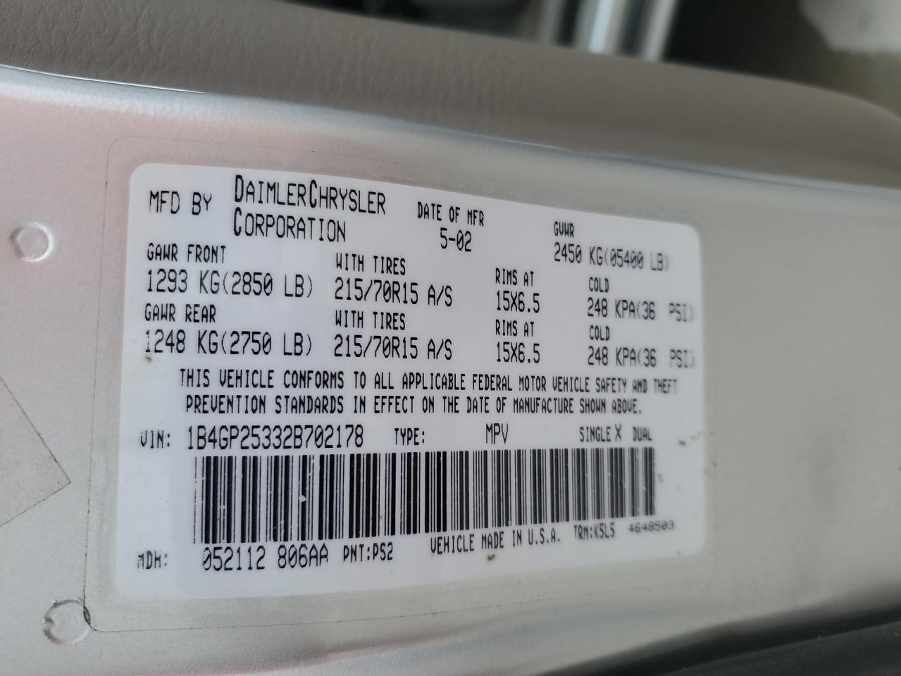 2002 Dodge Caravan Se VIN: 1B4GP25332B702178 Lot: 62665425