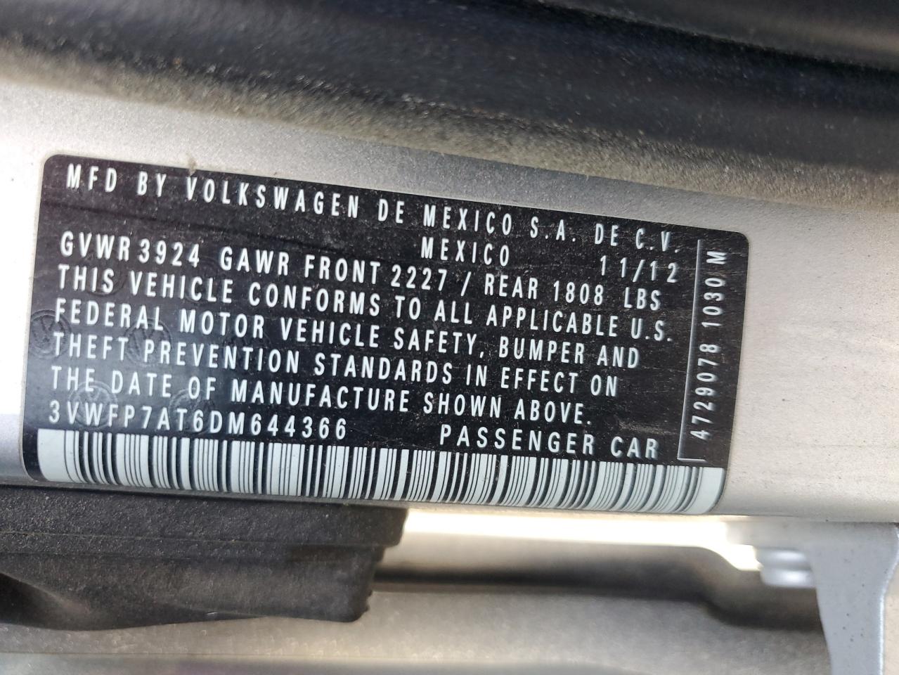 2013 Volkswagen Beetle VIN: 3VWFP7AT6DM644366 Lot: 62001375