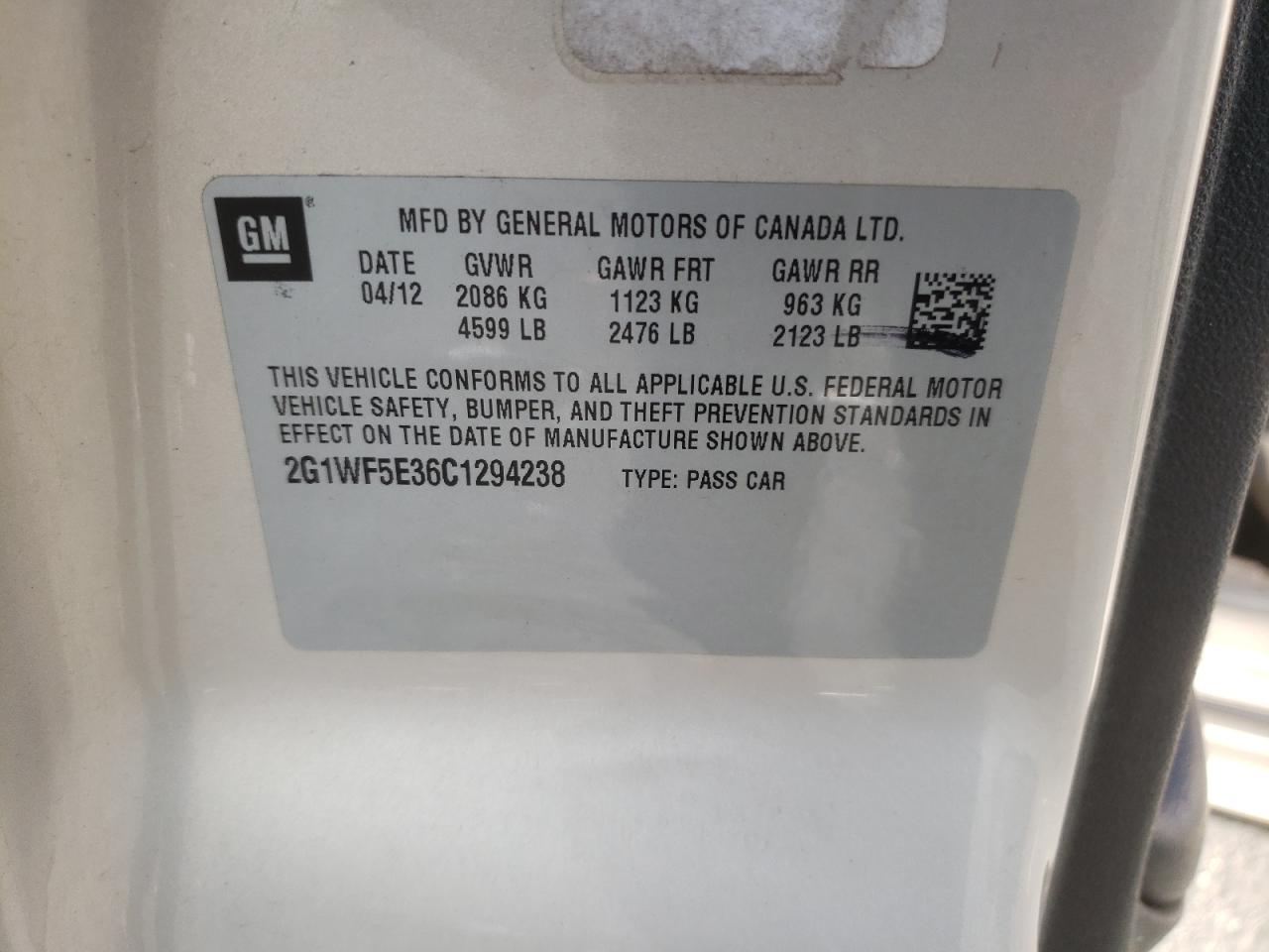 2012 Chevrolet Impala Ls VIN: 2G1WF5E36C1294238 Lot: 62829265