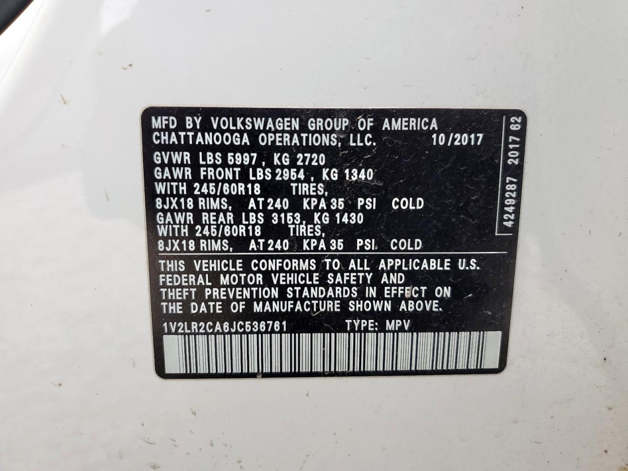 2018 Volkswagen Atlas Se VIN: 1V2LR2CA6JC536761 Lot: 62390765