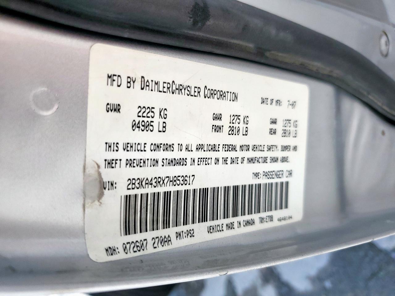 2007 Dodge Charger Se VIN: 2B3KA43RX7H853617 Lot: 61347705
