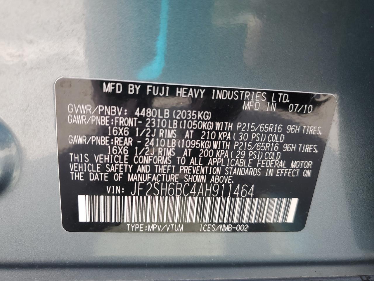 2010 Subaru Forester Xs VIN: JF2SH6BC4AH911464 Lot: 62176225