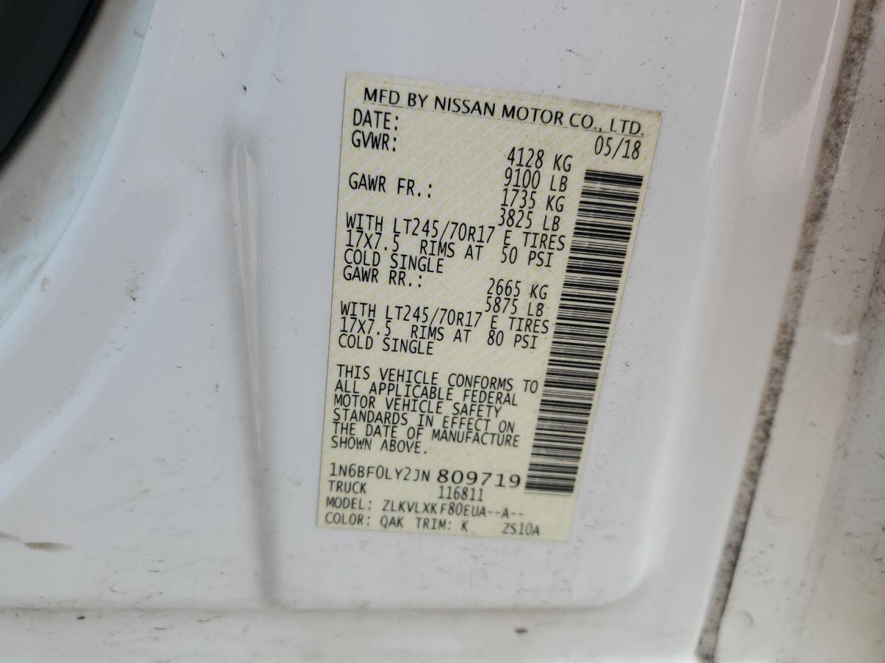 2018 Nissan Nv 2500 S VIN: 1N6BF0LY2JN809719 Lot: 58406825