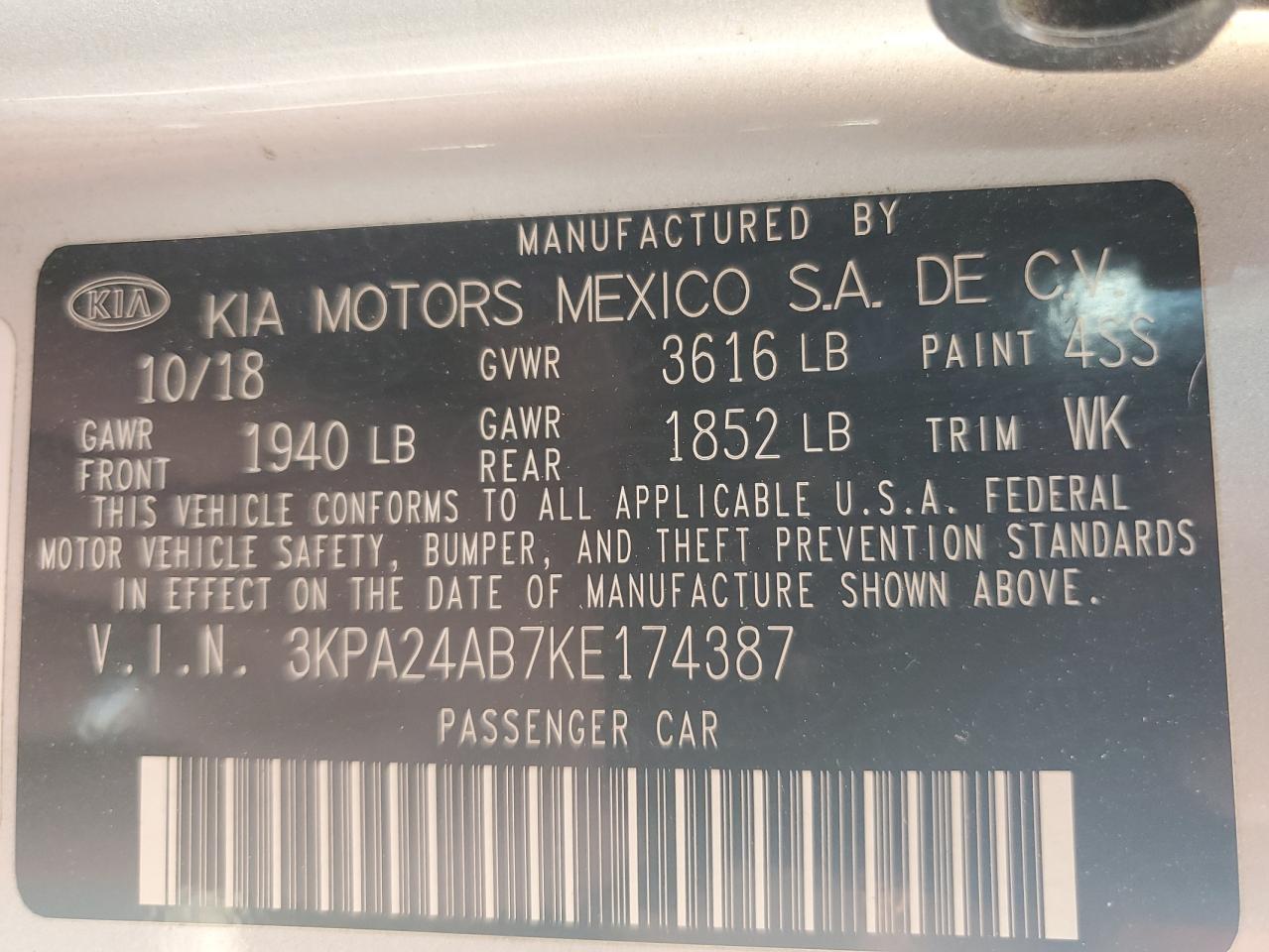 2019 Kia Rio S VIN: 3KPA24AB7KE174387 Lot: 61072455