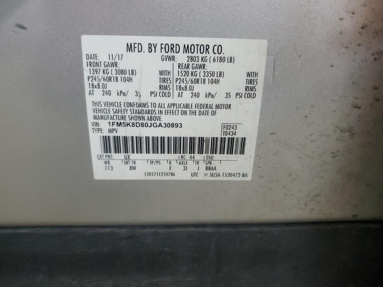 2018 Ford Explorer Xlt VIN: 1FM5K8D80JGA30893 Lot: 59568255