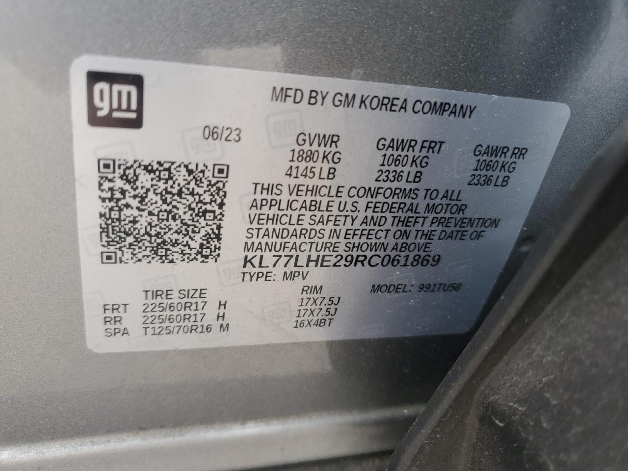 2024 Chevrolet Trax 1Lt VIN: KL77LHE29RC061869 Lot: 61582415