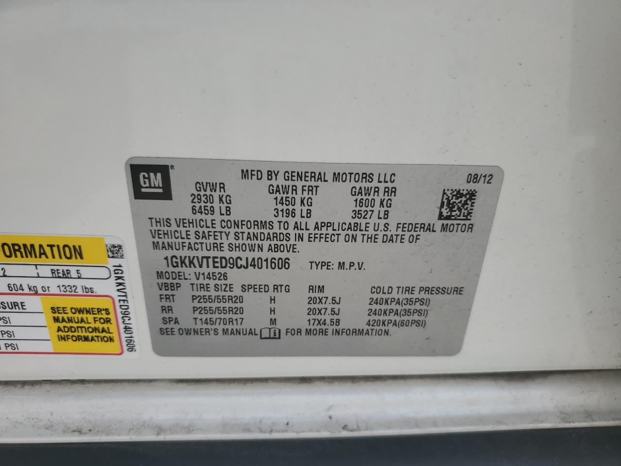 2012 GMC Acadia Denali VIN: 1GKKVTED9CJ401606 Lot: 61182845