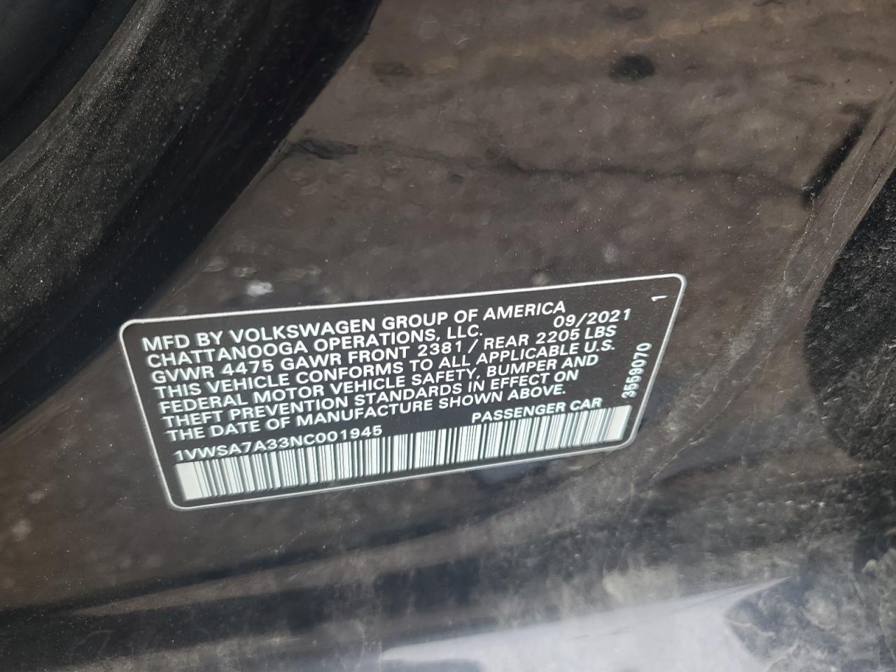 2022 Volkswagen Passat Se VIN: 1VWSA7A33NC001945 Lot: 62066385