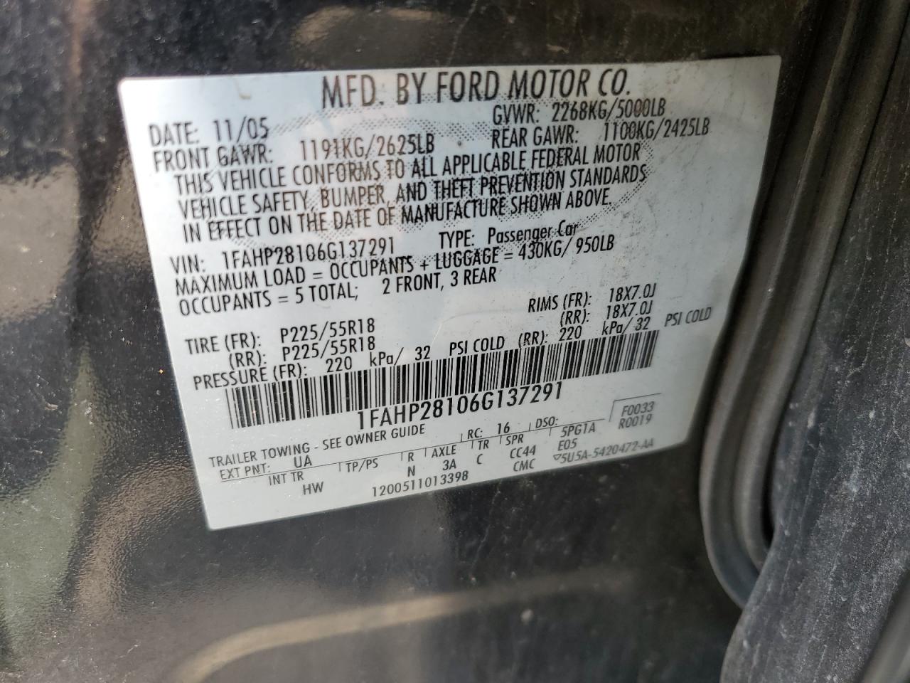 2006 Ford Five Hundred Limited VIN: 1FAHP28106G137291 Lot: 59268435
