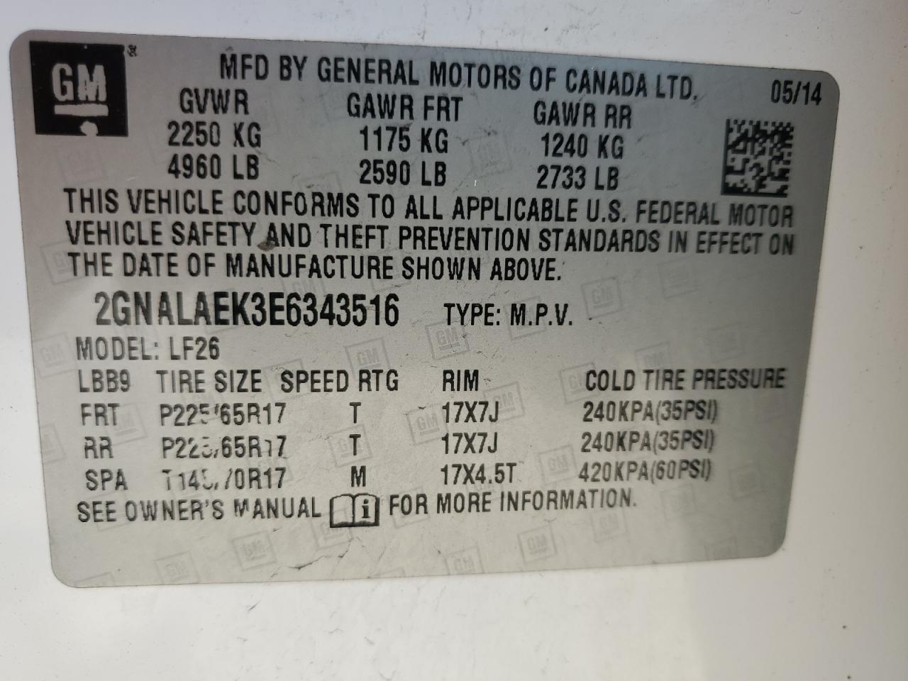 2014 Chevrolet Equinox Ls VIN: 2GNALAEK3E6343516 Lot: 62922095