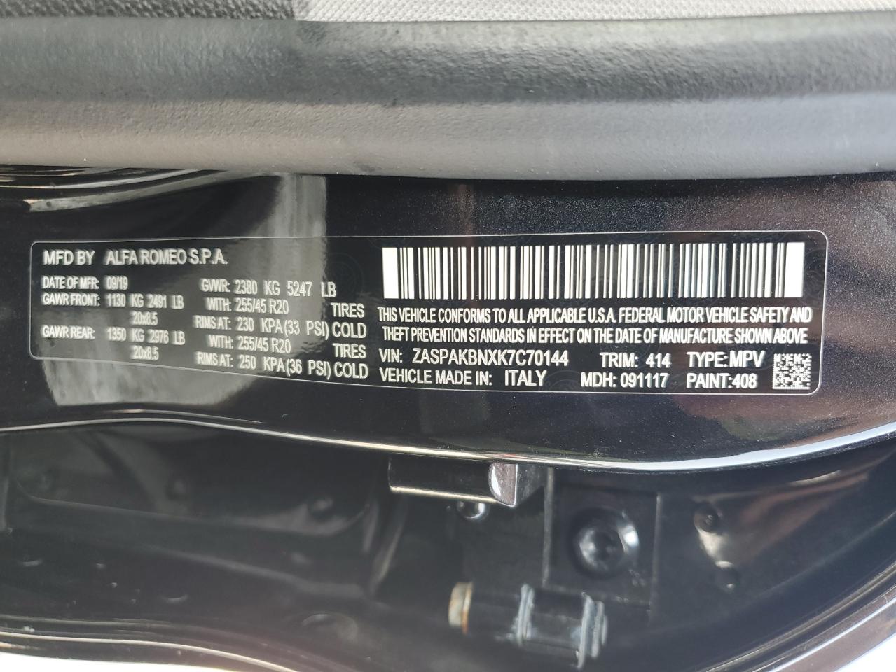 2019 Alfa Romeo Stelvio Ti VIN: ZASPAKBNXK7C70144 Lot: 84588855