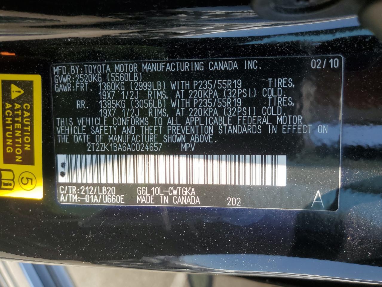 2010 Lexus Rx 350 VIN: 2T2ZK1BA6AC024657 Lot: 62034185